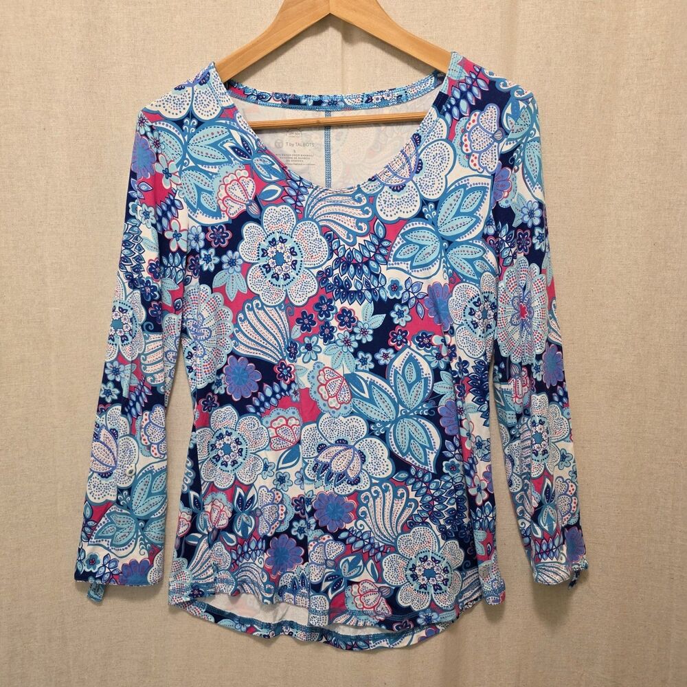 T by Talbots Top Women's S Blue & Pink UPF 50+ Protection Long Sleeve Floral